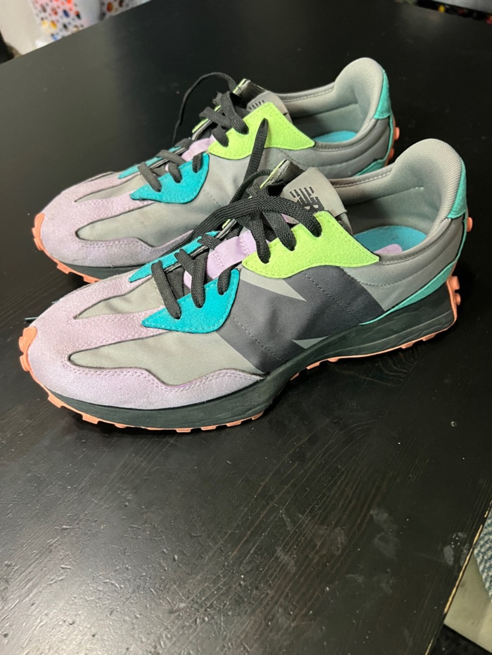 New Balance Gray 327 Miami Nights Sneakers with Teal, Lime & Lavender Accents